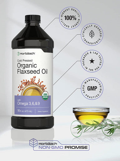 Organic Flaxseed Oil | 3 Pack | 16 fl oz Each | Cold Pressed | with Omega 3, 6, 9 | Vegetarian, Non-GMO, Gluten Free Liquid | by Horbaach