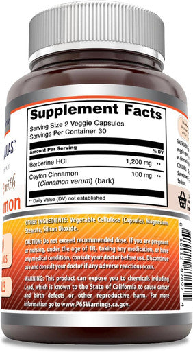 Amazing Nutrition Formulas Berberine with Pure Ceylon Cinnamon 1200 Mg Per Serving | Premium Complex Supplement | Veggie Capsules | Non-GMO | Gluten | Made in USA (1 Pack 60 Count)
