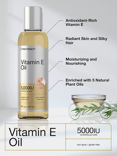 Natural Vitamin E Oil | 5000 IU | 8 oz (2 x 4oz) Value Pack | for Skin, Hair & Face | Vegetarian, Non-GMO, and Gluten Free Formula | by Horbaach
