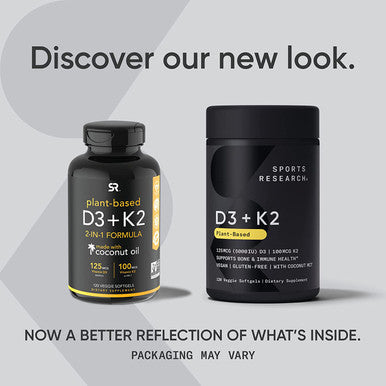 Sports Research Vegan Vitamin D3 K2 Supplement with Organic Coconut Oil 5000iu Vitamin D with 100mcg Mk7 Vitamin K Supports Calcium for Stronger Bones Immune Health 60 Softgels for Adults