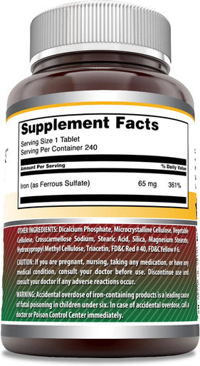 Amazing Nutrition Formulas Iron as Ferrous Sulfate Supplement | 65 Mg | 240 Tablets | Non-GMO | Gluten | Made in USA
