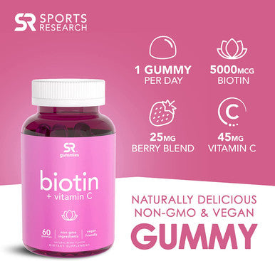Sports Research Biotin Gummies 5000mcg with Vitamin C Vegan NonGMO Verified 60 Vegan Gummies 2 Month Supply