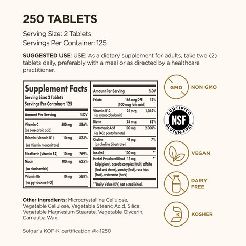 Solgar B-Complex With Vitamin C Stress Formula 250 Tablets - Energy Metabolism Nervous System & Immune Support - Non-Gmo Vegan Gluten Free Dairy Free Kosher 125 Servings