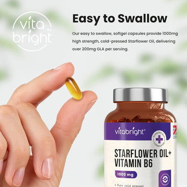 Vitabright Starflower Oil Capsules 1000mg 3 Months High GLA Borage Oil Capsules with Vitamin B6 Cold Pressed Star Flower Oil Capsules (1000mg Softgels) Vitabright Starflower Oil Capsules High Strength