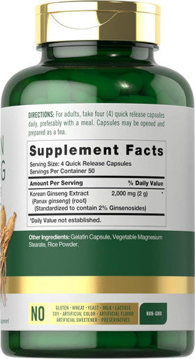 Carlyle Korean Ginseng Extract Capsules 2000 mg | 200 Capsules | Non-GMO and Gluten Formula | Standardized Panax Ginseng Supplement