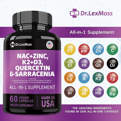 Nac Supplement N-Acetyl Cysteine 1000Mg Vitamin D3 K2 Zinc Quercetin 1000Mg Sarracenia Purpurea 1000Mg With Elderberry Holy Basil Bee Propolis Bromelain L-Lysine For Men And Women,60 Count Usa