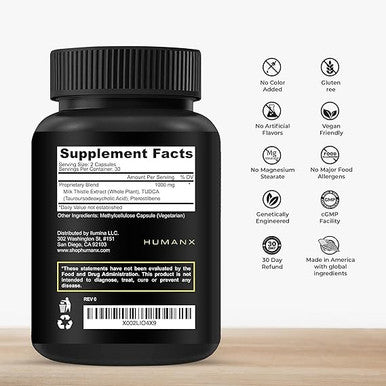 Humanx Tudca+ 1000Mg (Tauroursodeoxycholic Acid) Powerful Serving Size - Liver Health Aid For Detox And Cleanse - Vegan Non Gmo - Usa Made Easy To Swallow Capsules - Tudca Bile Salt Supplement Powder