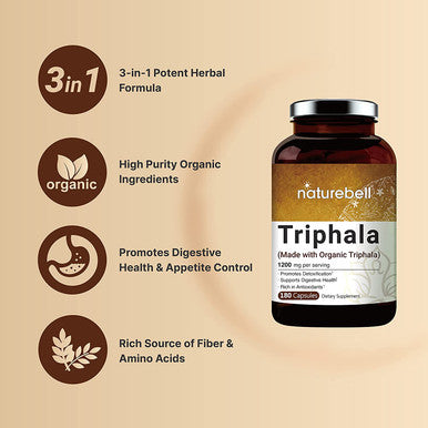 Double Strength Triphala Supplement Made with Organic Amla Bibhitaki Haritaki Fruit Complex 1200mg Per Serving 180 Capsules 3 in 1 Formula Supports Digestive Health NonGMO