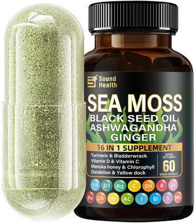 Sea Moss Capsules Featuring 8000mg Sea Moss 4000mg Black Seed Teaming up with 2000mg Ashwagandha Turmeric Burdock and Augmented with Vitamin C and Vitamin D3 60 veggie capsules