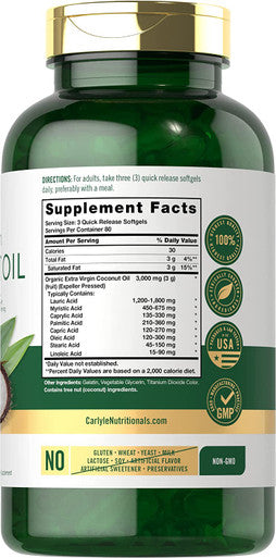 Coconut Oil Softgel Capsules | 3000 mg | 240 Count | Non-GMO and Gluten Free Extra Virgin Supplement | Naturally Occurring MCTs | by Carlyle