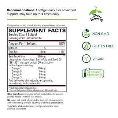 Terry ly Omega-7-60 Softgels - Pack of 2-500 mg Sea Buckthorn - Non-GMO, , Vegan - 120 Total Servings
