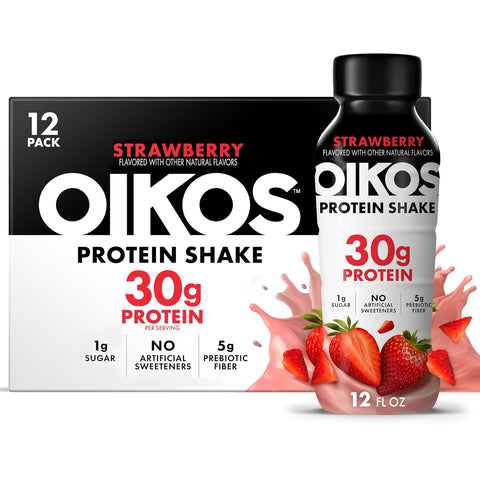 Oikos Protein Shake, Salted Caramel, 30g High Protein Drinks, Shelf Stable, Ready to Drink, 5g Prebiotic Fiber, 12 fl oz Bottle, 12 Count