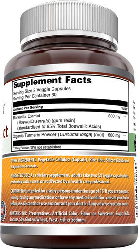 Amazing Nutrition Formulas Boswellia Extract & Turmeric 1200mg Per Serving Supplement | Veggie Capsules | Non-GMO | Gluten | Made in USA | Suitable for Vegetarians (120)