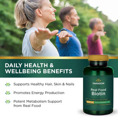 Swanson Real Food Biotin Vitamin B-7 Hair Skin Nail Metabolism Health from Organic Hummingbird Tree Vegan Gluten- Non-GMO B7 5000 mcg 90 Veggie (Caps)