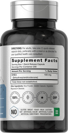 HorbAach Dhea 100Mg 200 Capsules Supplement For Men And Women Non-Gmo, Gluten Free