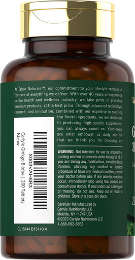Carlyle Ginkgo Biloba | 3000Mg Per Serving | 200 Tablets Extra Strength | Vegetarian | Non-Gmo & Gluten Free Supplement | Tahoe