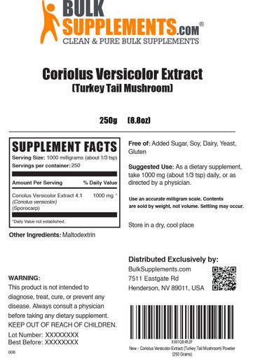 Bulksupplements.Com Turkey Tail Mushroom Extract Powder - Coriolus Versicolor Extract, Turkey Tail Mushroom Powder - Vegan & Gluten Free, 1000Mg Per Serving. 250G (8.8 Oz) (Pack Of 1)