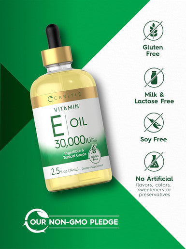 Carlyle Vitamin E Oil | 30000 IU | 2.5 fl oz | Ingestible & Topical Grade | Moisturizing for Skin | Vegetarian Non-GMO Gluten Supplement