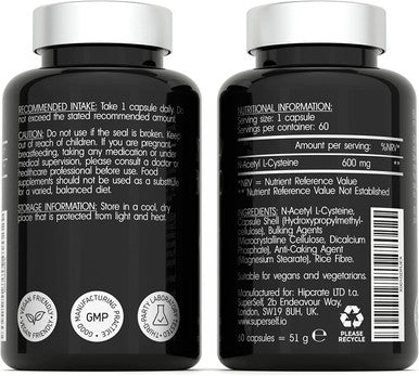 NAC Supplement High Strength - N-Acetyl-Cysteine 600mg - 60 Capsules - Odourless - Vegan N Acetyl Cysteine Nutritional Supplements - Made in The UK