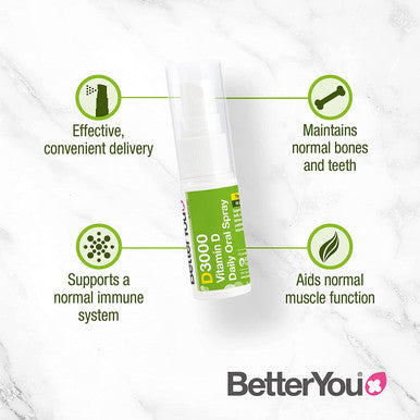 BetterYou Vitamin D3 Spray Liquid Immune Support Supplement, 3000 IU Strength per Single Spray, 0.507 Fl Ounce (100 Sprays), Peppermint Flavour