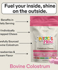 Miracle Moo Colostrum Chews Supplement for Gut Health Bloating Immune Support Skin Hair Growth and Beauty - Grass Fed Bovine Powder - Strawberry Flavor (60 Servings)