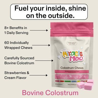 Miracle Moo Colostrum Chews Supplement for Gut Health Bloating Immune Support Skin Hair Growth and Beauty - Grass Fed Bovine Powder - Strawberry Flavor (60 Servings)