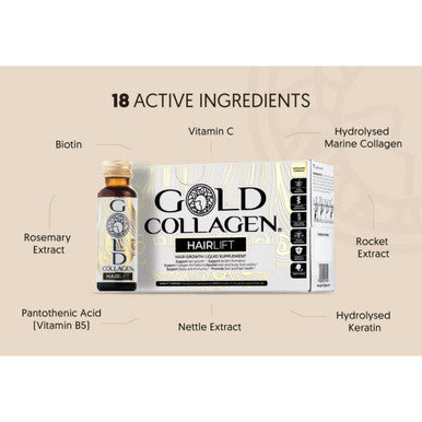GOLD COLLAGEN Hairlift - Biotin Hair Growth Marine Collagen Supplements for Women & Men with Vitamin C and B6 Hyaluronic Acid Zinc and Keratin Hair Treatment Skin and Nails 10 Bottles 50 ml Each