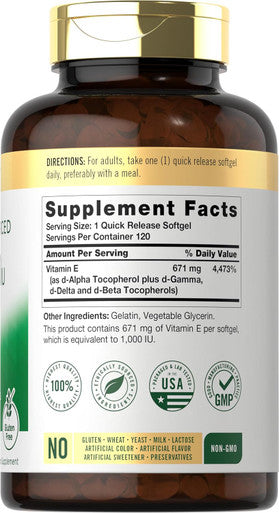 Carlyle Vitamin E Plus Mixed Tocopherols | 1000 IU (671mg) | 120 Softgels | Non-GMO and Gluten Formula | Naturally Sourced Vitamin E Supplement