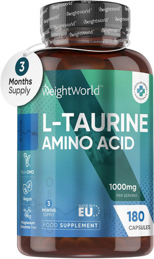 Weightworld L Taurine 1000mg Capsules - 180 High Strength Taurine Capsules (3 Months Supply) - Vegan Amino Acid Taurine Supplement for Overall Health - Pre-Workout Supplement for Men & Women