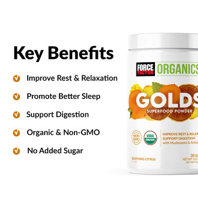 Force Factor Organics Golds Superfood Powder to Improve Rest and Relaxation, Turmeric Curcumin and Mushroom Supplement with Turkey Tail Mushroom, Chaga, and Ginger, Soothing Citrus, 30 Servings