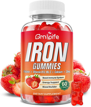 Iron Gummies For Women, Men & Kids, Sugar Iron Supplement With Calcium, Zinc, Folate & Vitamin B12, C, B6 - For Blood Building & Energy Support, Anemia, Strawberry, 60 Count