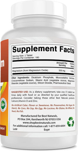 Best Naturals Magnesium oxide 500 mg 180 tablets