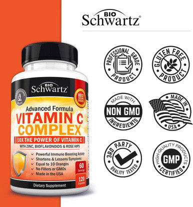 Vitamin C 1000mg Capsules with Zinc Rose Hips Bioflavonoids Immune Support Supplement with 10x The Power of Vitamin C Shortens Lessens Symptoms Equal to 10 Oranges 120 Capsules