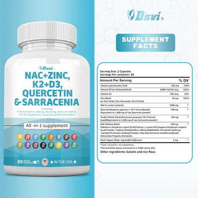 Nac Supplement N-Acetyl Cysteine 1000Mg Vitamin D3 K2 Zinc Quercetin 1000Mg Sarracenia Purpurea 1000Mg With Elderberry Holy Basil Bee Propolis Bromelain L-Lysine For Men And Women,60 Count