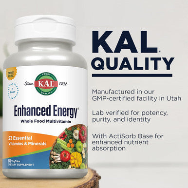 Kal Enhanced Energy Supplements, Once Daily Whole Food Multivitamin For Women And Men, Iron Free, 23 Essential Vitamins, Minerals, Super Foods, Digestive Enzymes, 60-Day , 60 Serv, 60 Vegtabs