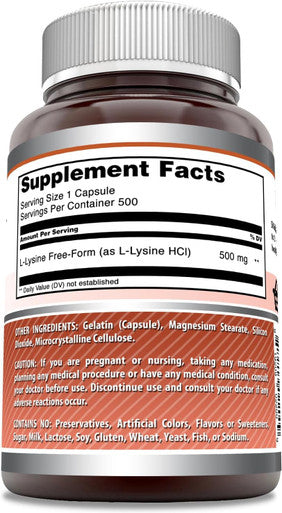 Amazing Nutrition Formulas L-Lysine 500 mg Capsules Amino Acid Supplement | Non-GMO | Gluten | Made in USA (500 Count)