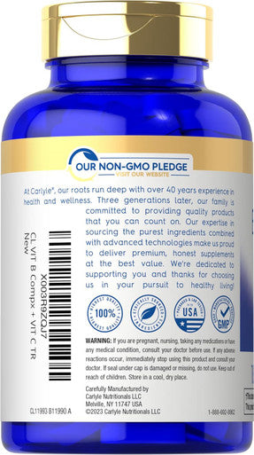 Carlyle Stress B-Complex Vitamin Supplement | 180 Caplets | with Vitamin C | Non-GMO and Gluten | by