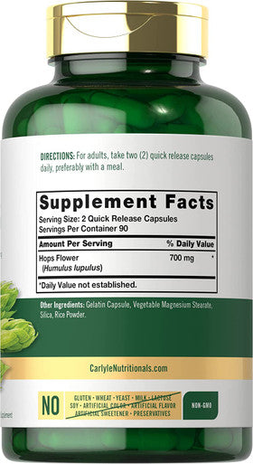 Hops Supplement | 700mg | 180 Capsules | Non-GMO & Gluten Free | Traditional Herb | by Carlyle
