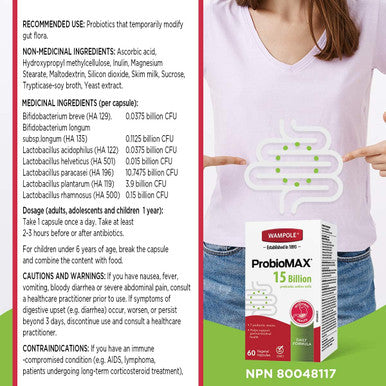 Wampole ProbioMax 15 Billion Probiotics Healthy Gut Flora & Immune System 60 Vegetal Capsules