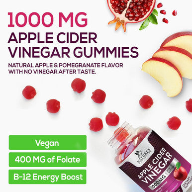 Nature'S Nutrition Apple Vinegar Gummy 1000mg Vegan Apple Cider Vinegar Gummies for Detox & Cleanse ACV Supplement with Vitamin B12 Beetroot & Pomegranate Non-GMO - 120 Gummies