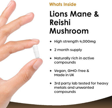 Lions Mane & Reishi Mushroom Capsules - High Strength 4000Mg Lions Mane Supplement With Reishi - 120 Vegan Lions Mane Mushroom Powder + Reishi Mushroom Capsules - Made In Uk By Leaf