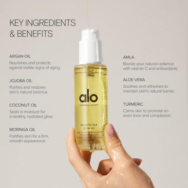 Alo Head-to-Toe Glow Oil + Travel | Glow-Boosting Natural Dry Body Oil | Jojoba, Amla, Aloe & Vitamin E | Hydrates & Nourishes Skin | Citrus Scent | 3.2 + 0.7 Oz