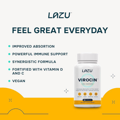 Lazu Virocin - Zinc Supplement - Zinc Ionophore Zinc, Vitamin C, Vitamin D3 Enhanced Immune Support And Rapid Absorption 60 Capsules