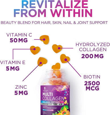 Collagen Gummies With 2500Mcg Biotin, Vitamin C & Zinc - Hydrolyzed Type 1 & 3 Collagen Peptides Supplement - Support For Hair, Skin, Nails & Joints - Gluten - Orange Flavored Gummy - 120 Count