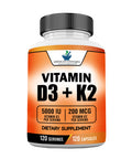 American Standard Supplements Vitamin D3 K2 (MK-7), Vitamin D3 (5000IU) + K2 (MK-7) 200mcg w/ Organic Coconut Oil 120 Veggie Capsules