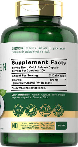 Carlyle Blue Green Algae 500mg | 200 Quick Release Capsules | Chlorella Supplement | Non-GMO, Gluten Free