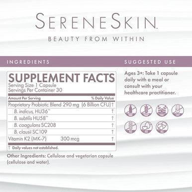 Microbiome Labs Skin Support Bundle - SereneSkin Clear Skin Probiotic Supplement Shown to Help Reduce Fine Lines (30 Capsules) - MegaPre Prebiotic Powder for Gut Health (2.1oz)