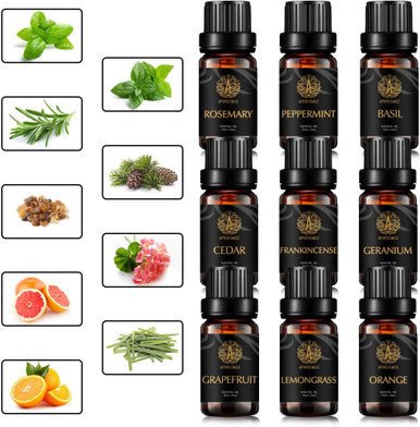 Aromatherapy Rosemary Essential Oil Set for Diffuser, 100% Pure Cedar Essential Oil Kit for Humidifier, 9x10ml Therapeutic Grade Essential Oils Set-Basil, Geranium, Grapefruit, Lemongrass, Orange Oil