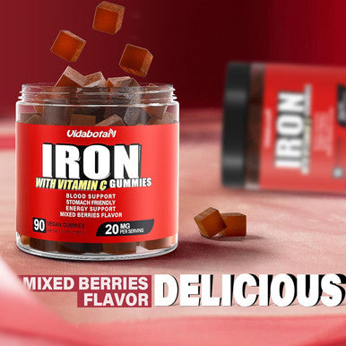 Sugar Iron Gummies For Women Men & Kids-Iron Supplement 20Mg With Vitamin C For Iron Deficiency, No Rust Taste, Gentle Iron For Stomach, Mixed Berries Flavor, 90 Vegan Gummies.