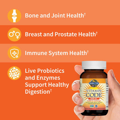 Garden Of Life Vitamin D, Vitamin Code Raw D3, Vitamin D 5,000 Iu, Raw Whole Food Vitamin D Supplements With Chlorella, Fruit, Veggies & Probiotics For Bone & Immune Health. 60 Vegetarian Capsules